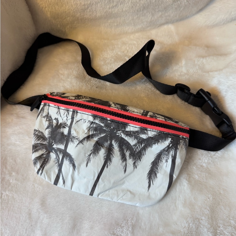 ALOHA Collection Palm Print Crossbody Belt Bag in Black, White & Coral